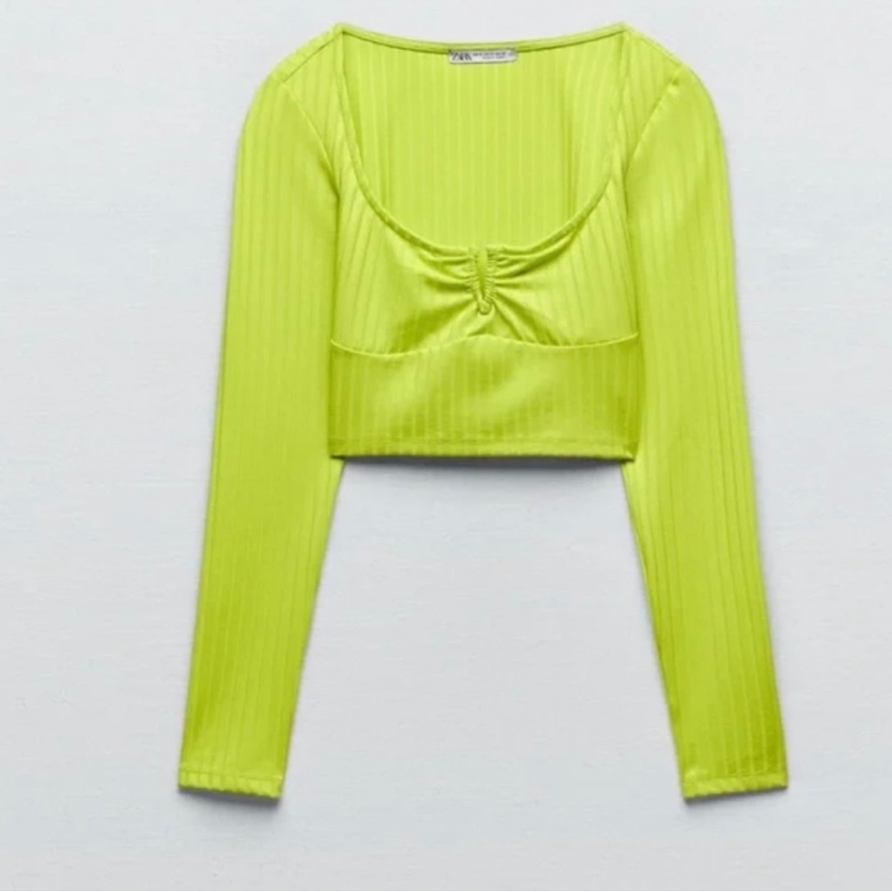 ZARA Lime Green Long Sleeve Ribbed Cropped Top Size Small NWT